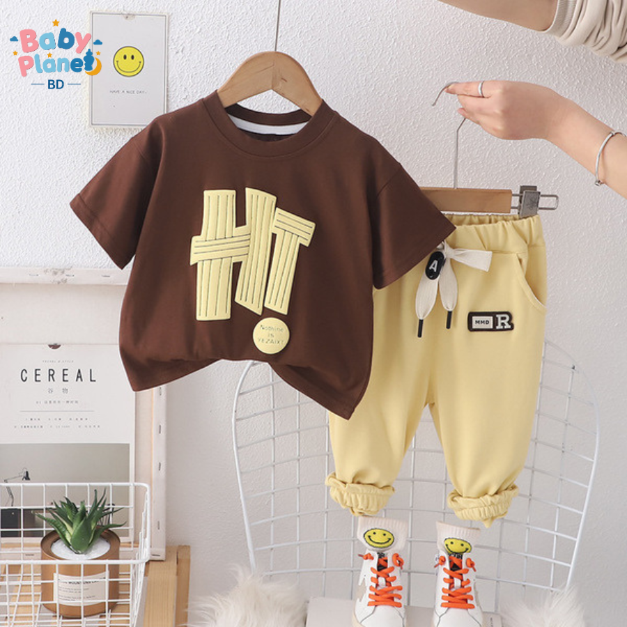  Imported Bubble Print Round-Neck Short-Sleeve Baby Top & Casual Trousers Two-Piece Set – Trendy Outfit